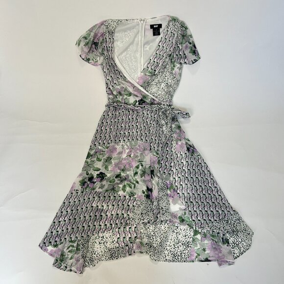 DKNY Womens size 6p Floral Printed Short Sleeves Faux Lined High low Wrap Dress - Picture 8 of 16